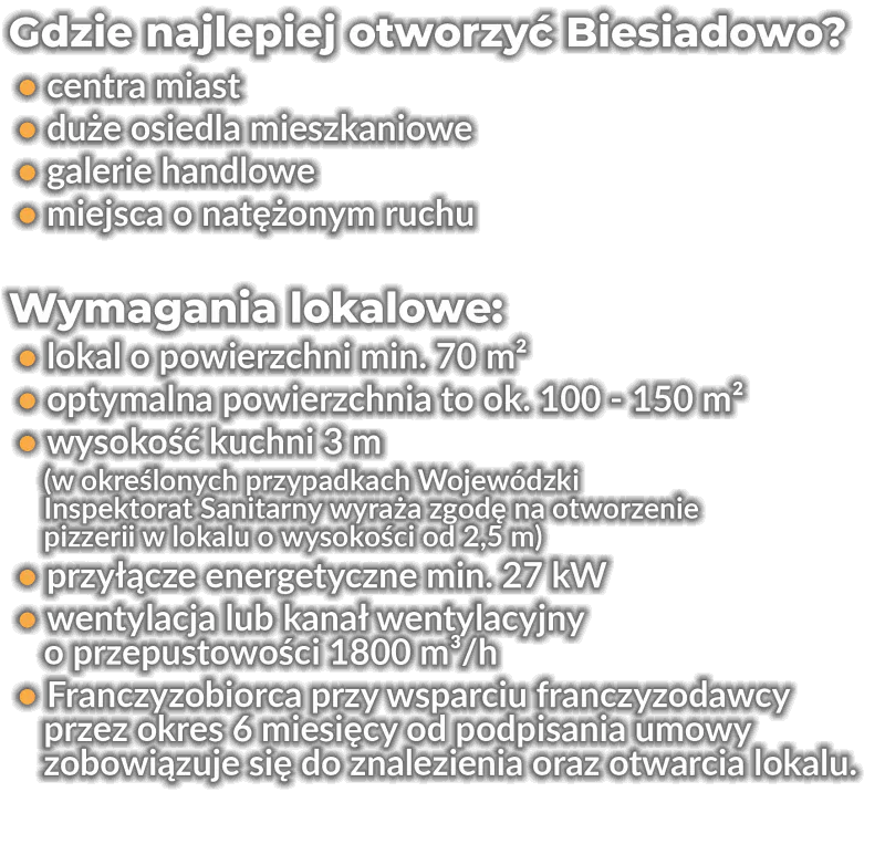 Gdzie najlepiej otworzyć Biesiadowo?
 • centra miast
 • duże osiedla mieszkaniowe
 • galerie handlowe
 • miejsca o natężonym ruchu

Wymagania lokalowe:
 • lokal o powierzchni min. 70 m2
 • optymalna powierzchnia to ok. 100 - 150 m2
 • wysokość kuchni 3 m
    (w określonych przypadkach Wojewódzki
    Inspektorat Sanitarny     wyraża zgodę     na otworzenie
    pizzerii w lokalu o wysokości od 2,5 m)
 • przyłącze energetyczne min. 27 kW
 • wentylacja lub kanał wentylacyjny
    o przepustowości 1800 m3/h
 • Franczyzobiorca przy wsparciu franczyzodawcy
    przez okres 6 miesięcy od podpisania umowy
    zobowiązuje się do znalezienia oraz otwarcia lokalu.